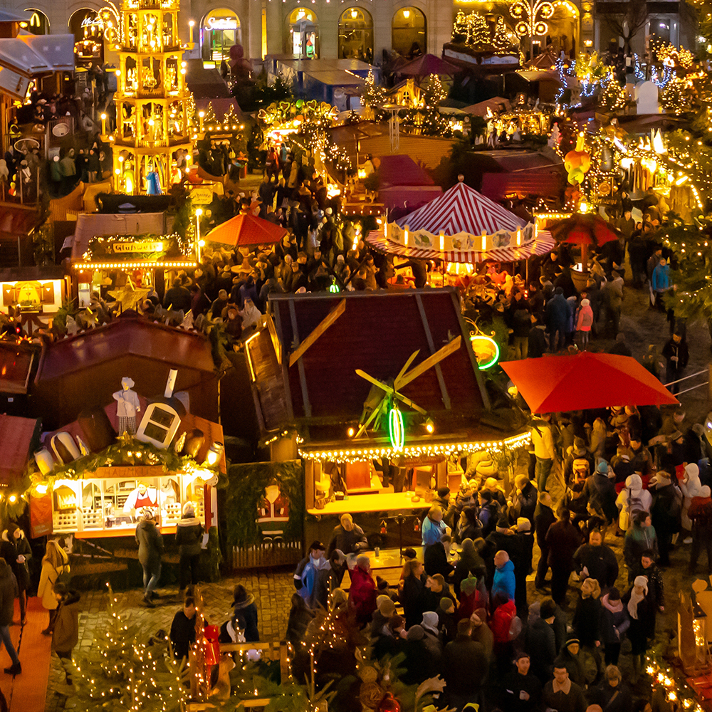 Streat Xmas Winter market side view warm lights